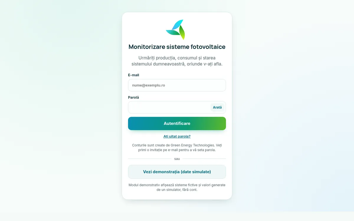 Ecranul de autentificare al platformei de monitorizare, cu opțiunea de a vedea demonstrația cu date simulate